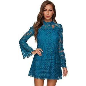 Crochet Pom-Pom Sheer Lace Boho Bell Sleeve Dress